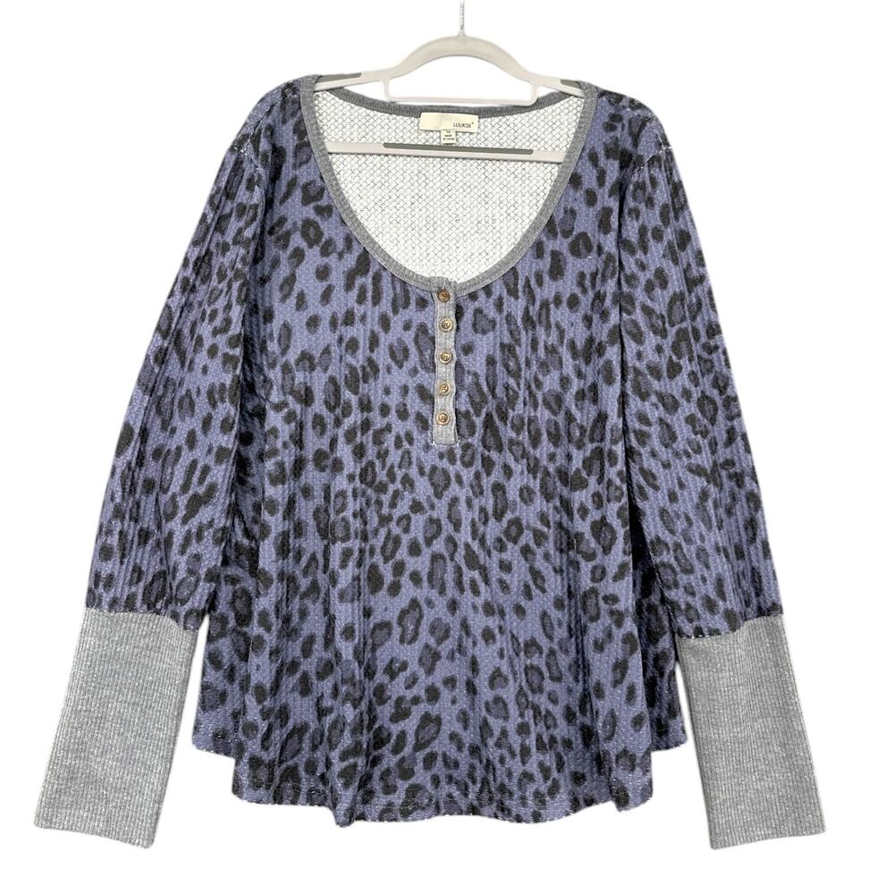 LUUKSE Purple Animal Print Button-Up Henley Long‎ Sleeve Top 1X